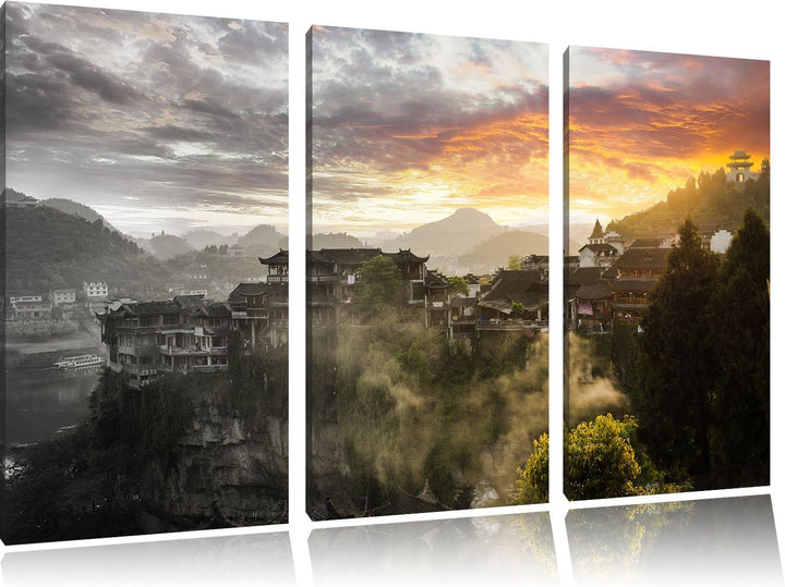 Pixxprint Gigantisches Dorf in China Schwarz/Weiss 3-Teiler Leinwandbild 120x80 Bild auf Leinwand