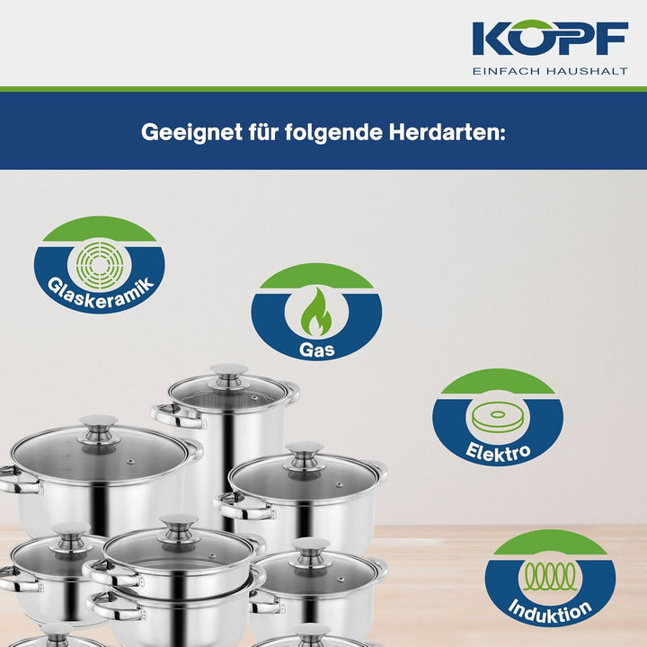 Kopf Topfset Janina 19-teilig aus Edelstahl, Induktion-Kochtopf-Set, 7X Töpfe, 1x Spargelotpf, 1x St