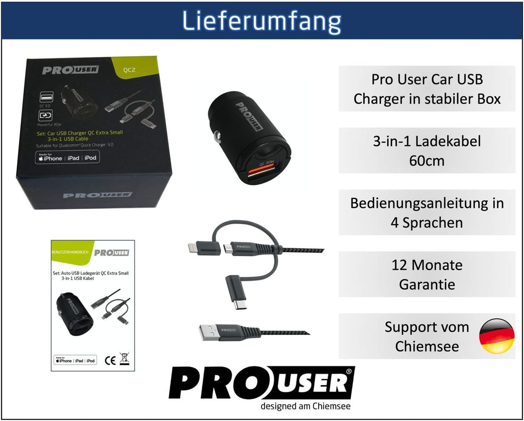 Pro User Set: Car USB Charger 30W + 3-in-1 USB Kabel – USB C- Lightning – Micro USB, das extra klein