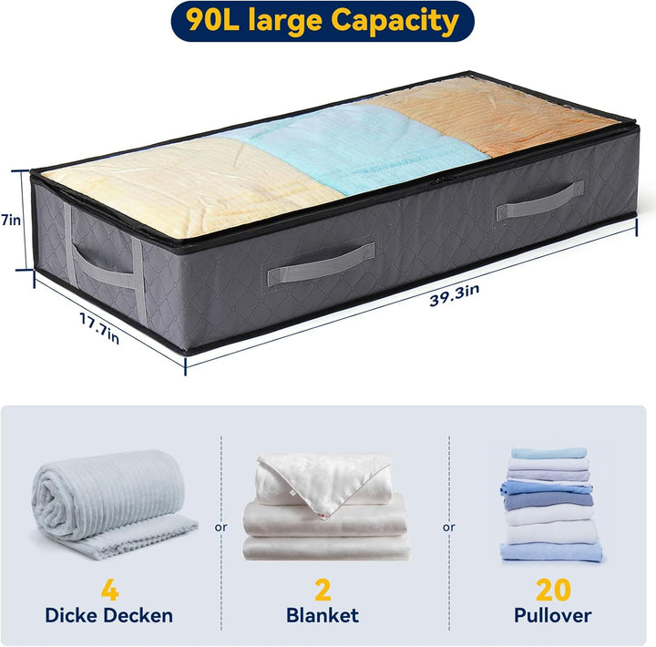 3 Stück Unterbettkommode, Unterbett Aufbewahrungsbox mit Deckel 90L, Faltbare Aufbewahrungstasche mi