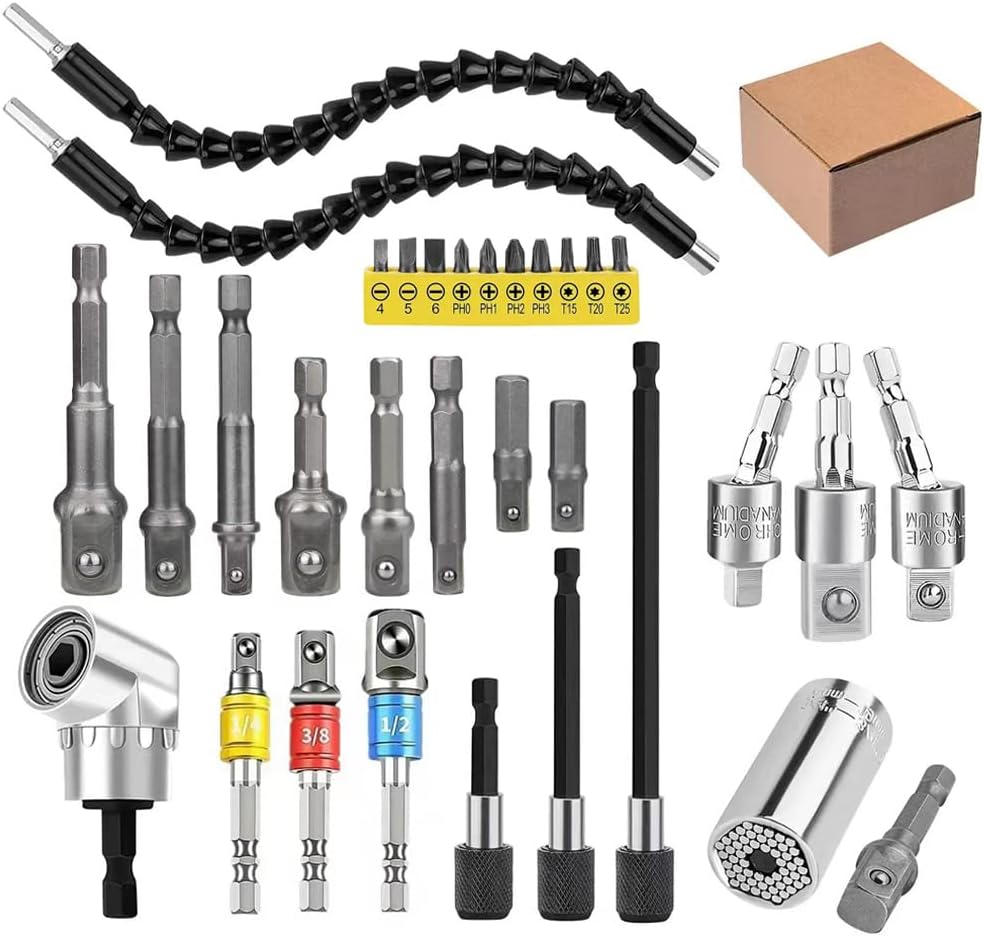 32pcs flexibler Bohrer-Erweiterungssatz, drehbarer Gelenk-Sockel 1/4 3/8 1/2 Zoll-Hex-Sockel-Adapter