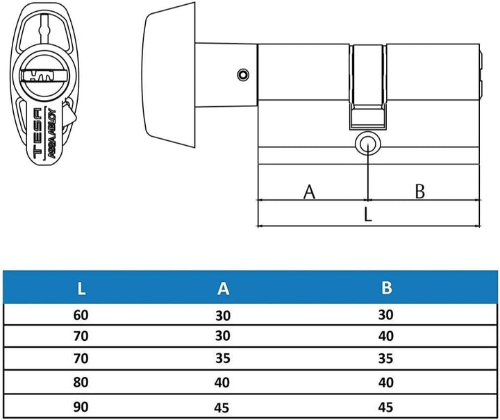 Zylinder T60 TESA Knopfprofil EURO 30Bx40 Nockenwelle R15 Messing Finish 5 Schlüssel Schlüssel - Kno
