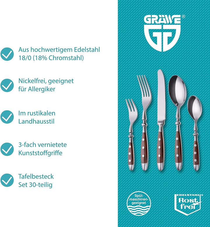 GRÄWE Besteckset für 6 Personen aus Edelstahl, Schwer, Rustikal, Tafelbesteck Set 30-teilig, Geschmi