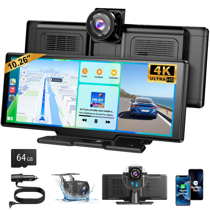 ESSGOO 10.26 Zoll Kabelloses CarPlay Display mit 4K Dashcam 1080P Rückfahrkamera Drahtloser Apple Ca