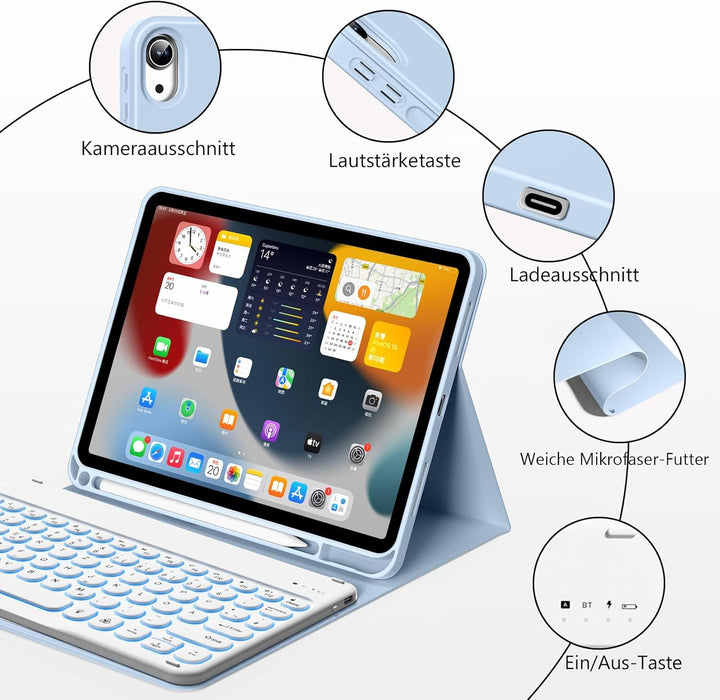 Hülle mit Tastatur für iPad 11 Generation A16/10 Generation (11/10.9 Zoll,2025/2022),7-farbige Beleu