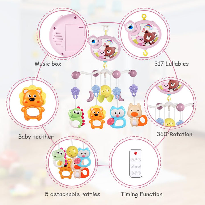 Babybett-Spielzeug, Mobile für Babybett, Baby Einschlafhilfe Musikspielzeug mit süssen Tieren, Babyb