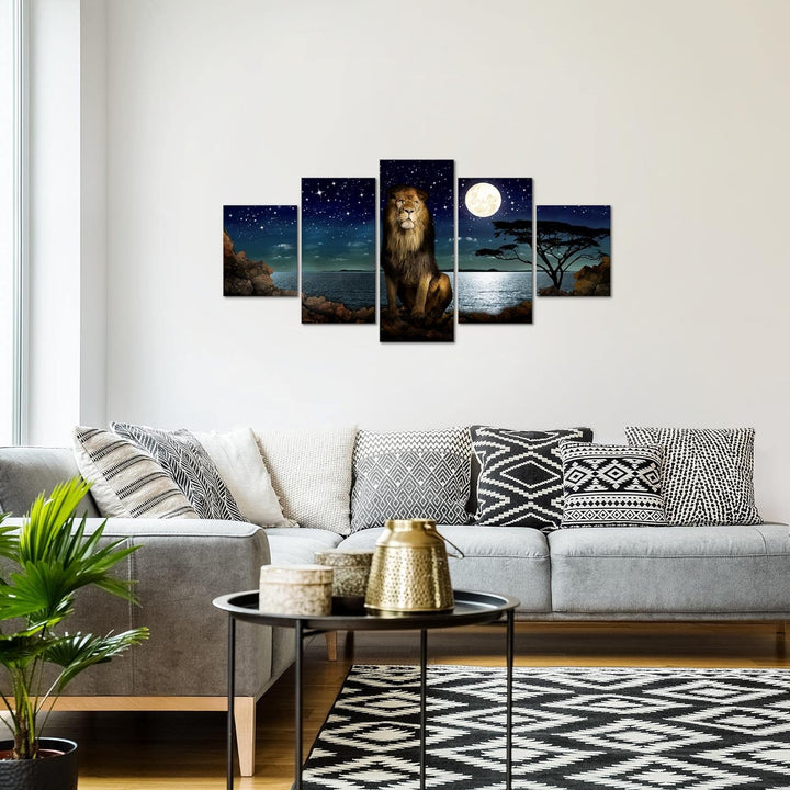 Runa Art Wandbilder Afrika Löwe 5 Teilig Bild auf Vlies Leinwand Deko Wohnzimmer Schlafzimmer Nachth