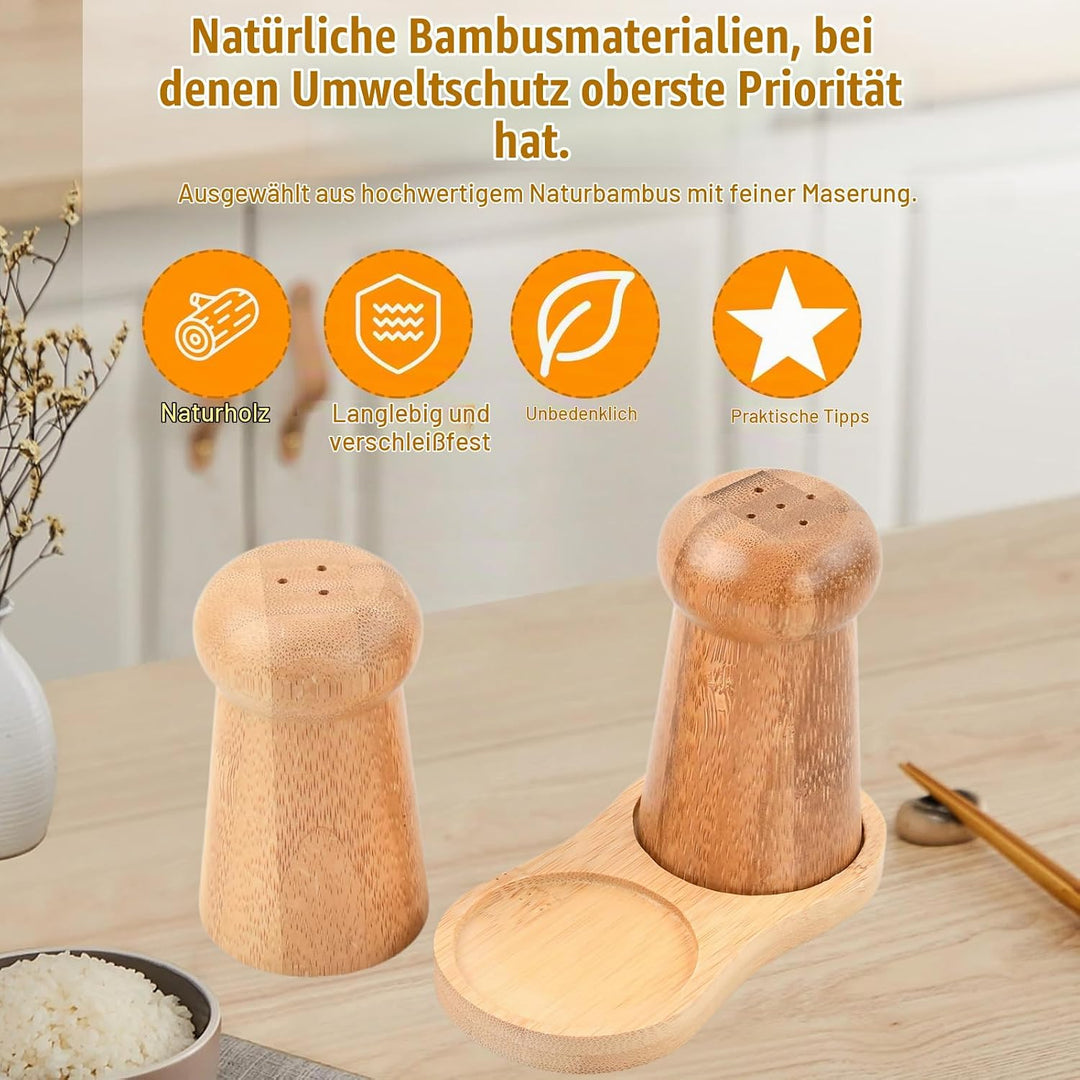 Elegantes Salz und Pfefferstreuer Set - Handgefertigtes Pilz-Design aus Bambus mit Ablage - Nachfüll