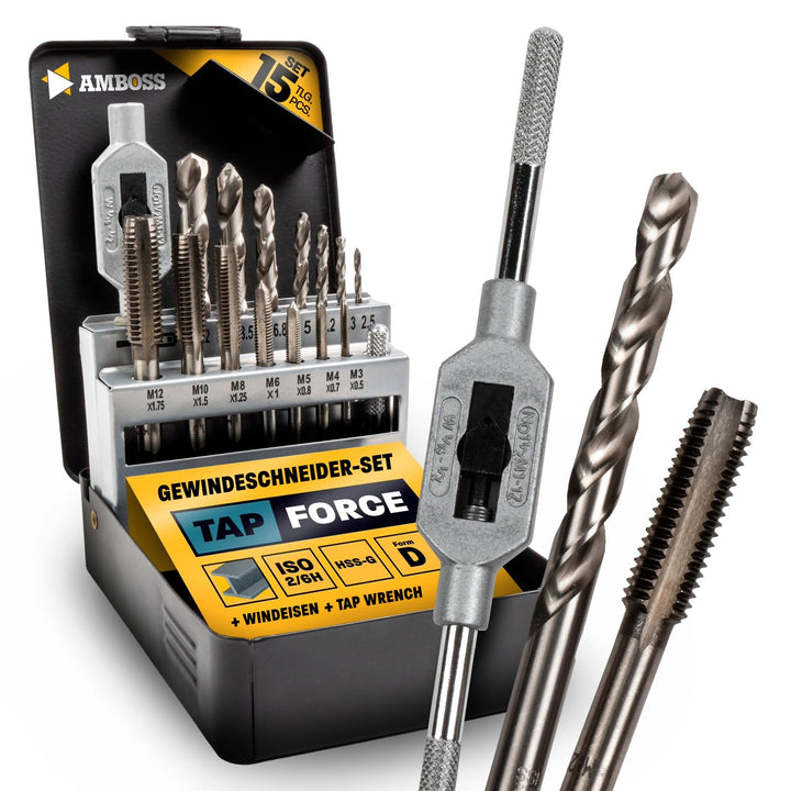 Gewindeschneider Set Metrisch, M3 - M12, 15tlg. HSS-G/Windeisen/Amboss Tap Force/Gewindeschneidsatz,