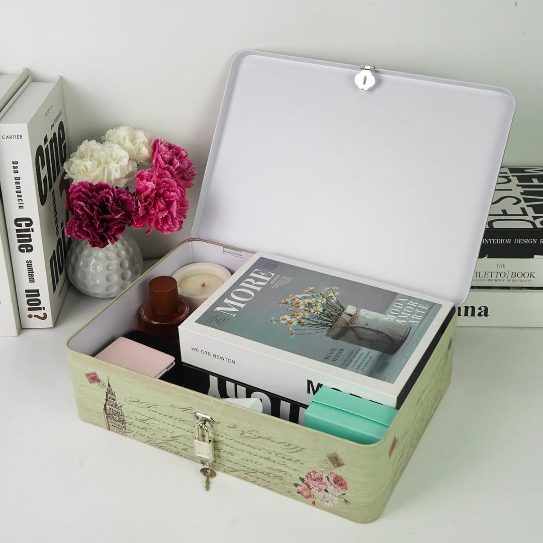 Aoneky Zinn Retro Aufbewahrungsbox mit Schloss, 30.4 x 22.8 x 8.2cm - Metalldose für Medikamente Pos