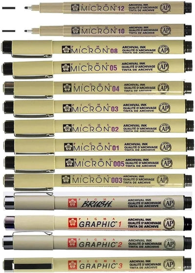 Sakura Pigma Micron 14 Fineliner, Schwarz, 003, 005, 01, 02, 03, 04, 05, 08, 10, 12, 1 mm, 2 mm, 3 m