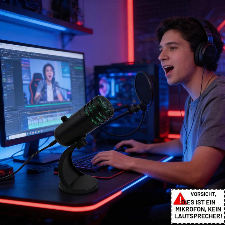 USB-Mikrofon, Kondensatormikrofon mit Ständer, PC-Computer-Gaming-Streaming-Mikrofon mit RGB-Beleuch
