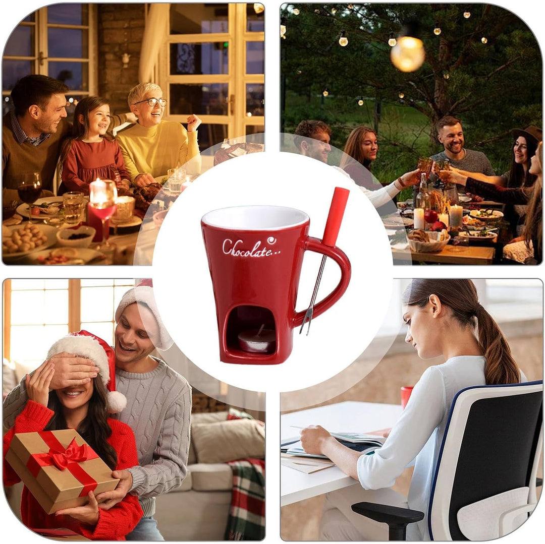 Schokofondue Tasse Mit Teelicht, 200ML Schokoladen Fondue Tassen Set, Schoko Fondueset Mit Gabeln ,s