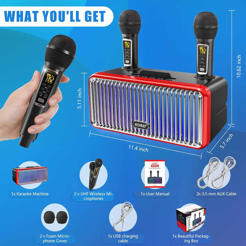 Karaoke-Maschine für Erwachsene und Kinder, tragbare Bluetooth-Lautsprecher mit 2 UHF Wireless Mikro