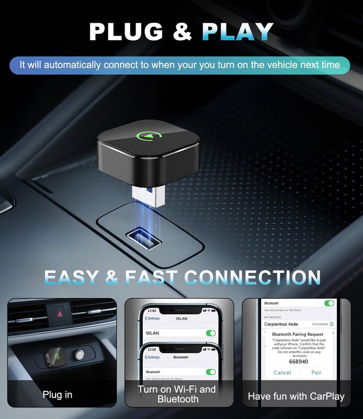 CarPlay Wireless Adapter für iPhone – Upgrade auf kabelloses CarPlay, Plug & Play, USB/Type-C, Mini