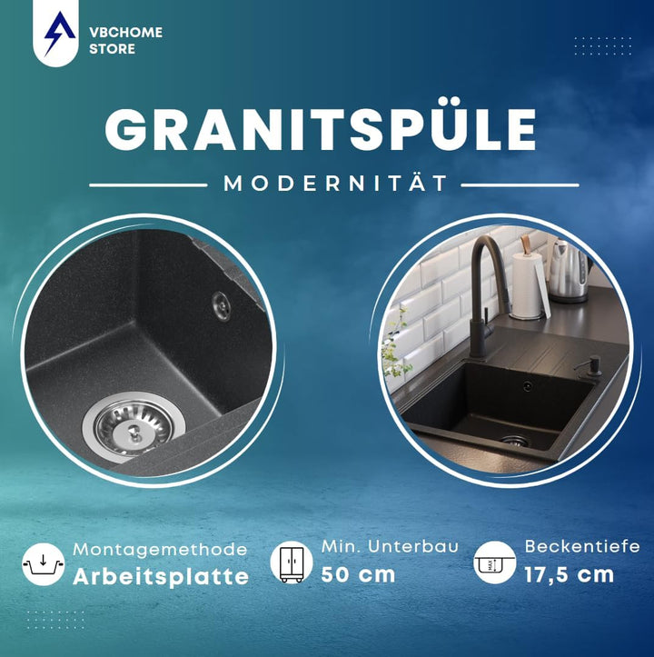VBChome Spülbecken Granit Schwarz mit Armatur 55 x 44 cm Einzelbecken Einbauspüle Gesprenkelt Revers