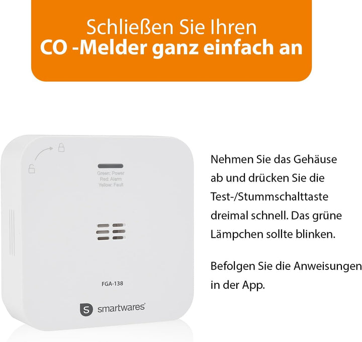 Smartwares Co-Detektor – 85 dB – Sensor 10 Jahre – Benachrichtigungen über App – Testknopf & Stummkn