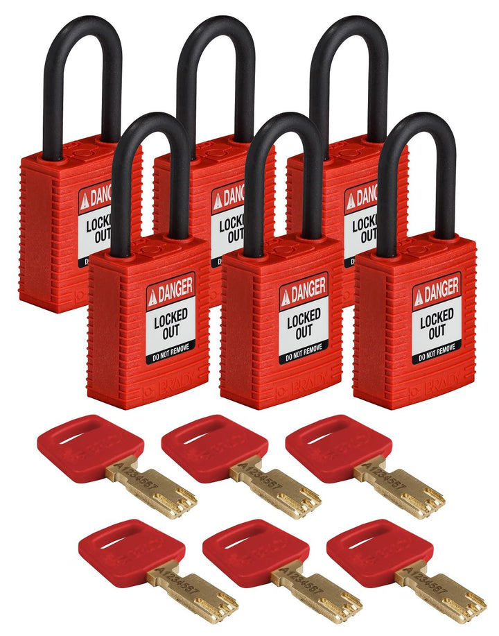 Brady (NYL-RED-38PL-KD6PK) SafeKey Nylon Lockout-Vorhängeschloss Mit Nylon Bügel 38.00 mm Rot KD - V