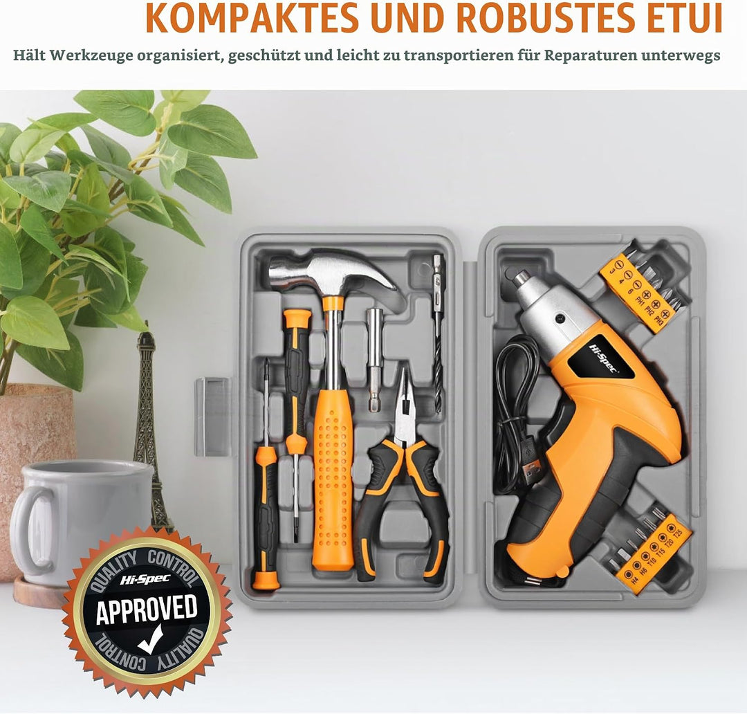 Hi-Spec 19-tlg. Gelb Werkzeugset mit USB 3.6V Akkuschrauber. Kleiner Werkzeugsatz mit elektrischem S