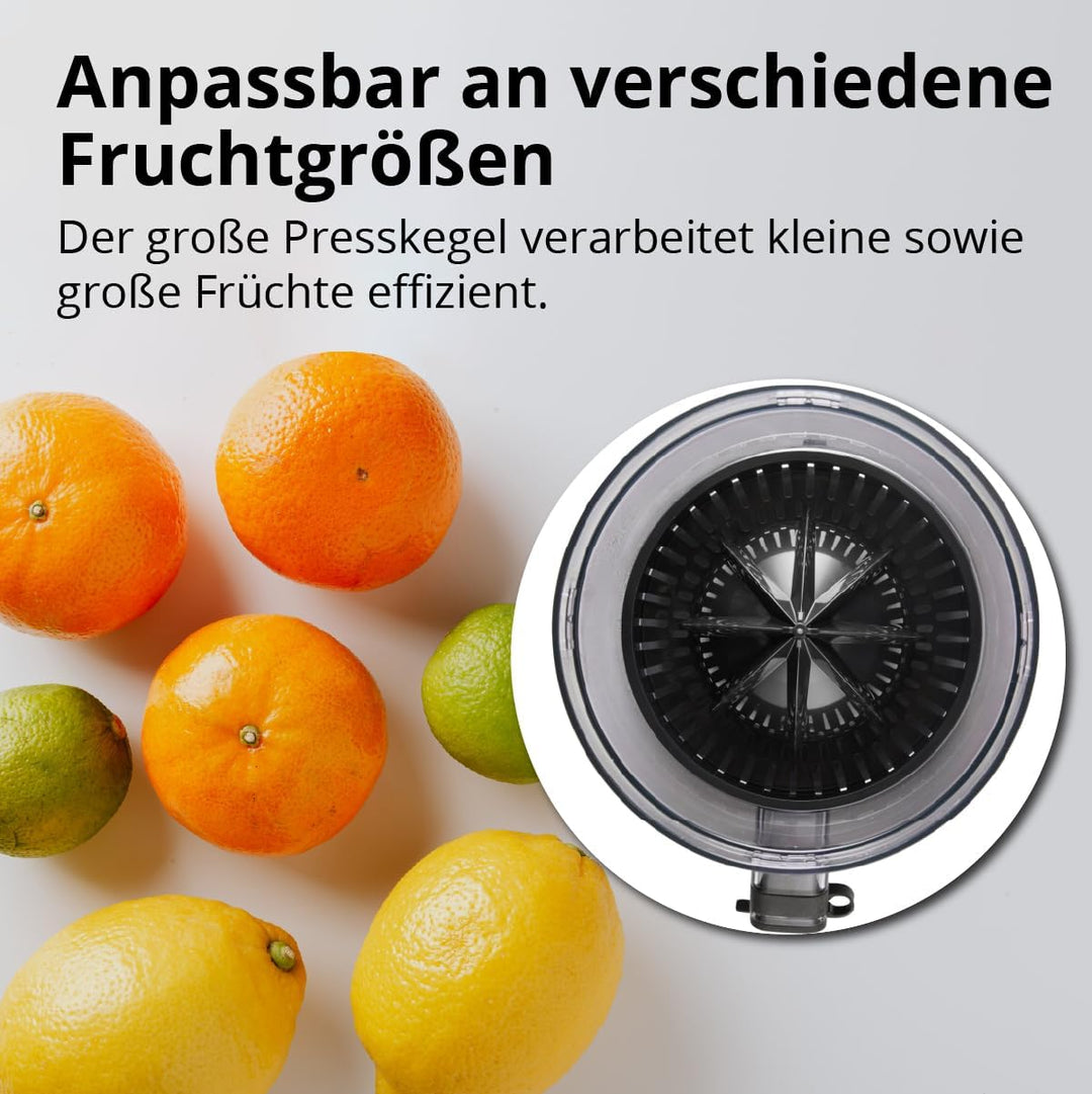 Eurel Akku Zitruspresse OA42, Kabellos USB-C, 7,4V/2200mAh, BPA-frei, grosser Presskegel, Tropfstopp