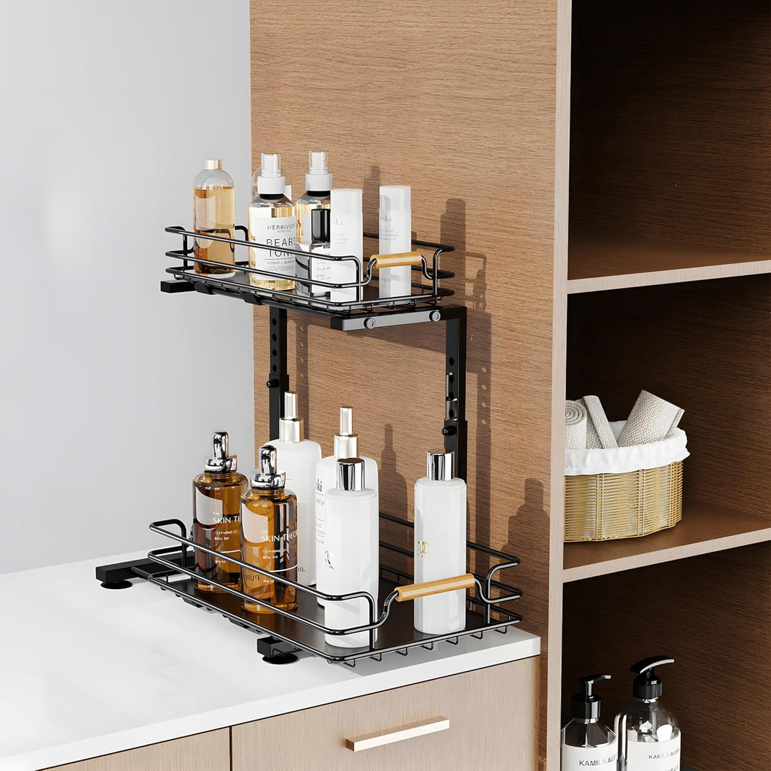 JYPS Spülschrank Organizer, 2 Etagen Metall Unter Waschbecken Regal Organizer, Höhenverstellbar Ausz