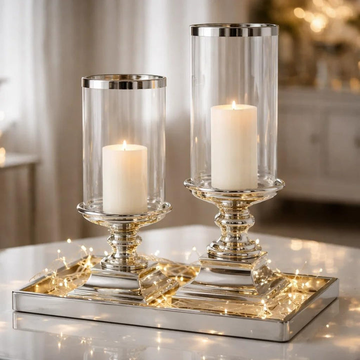 DRULINE Eckig Windlicht Kerzenständer Kerzenleuchter Kerzen Silber Keramik (Gross), L