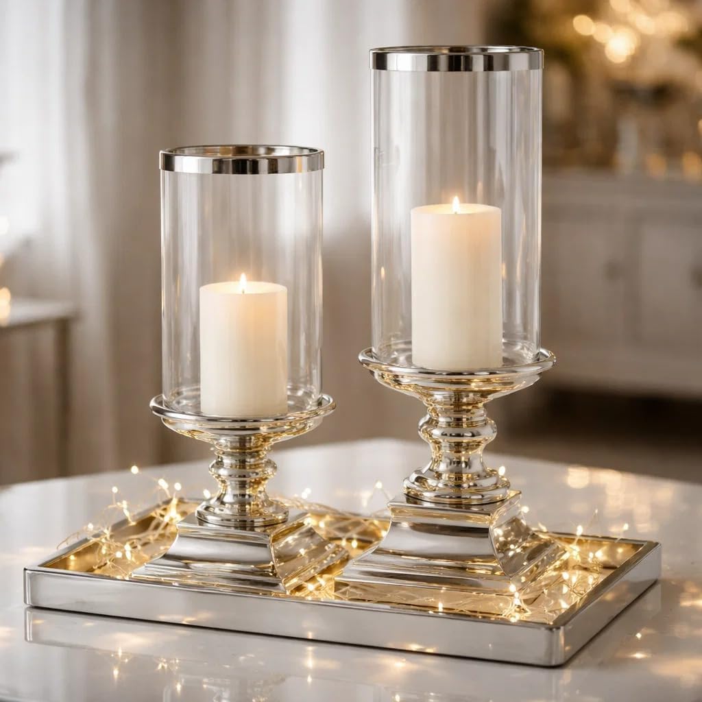 DRULINE Eckig und Rund Windlicht Kerzenständer Kerzenleuchter Silber Keramik (ECKIG Klein), ECKIG Kl