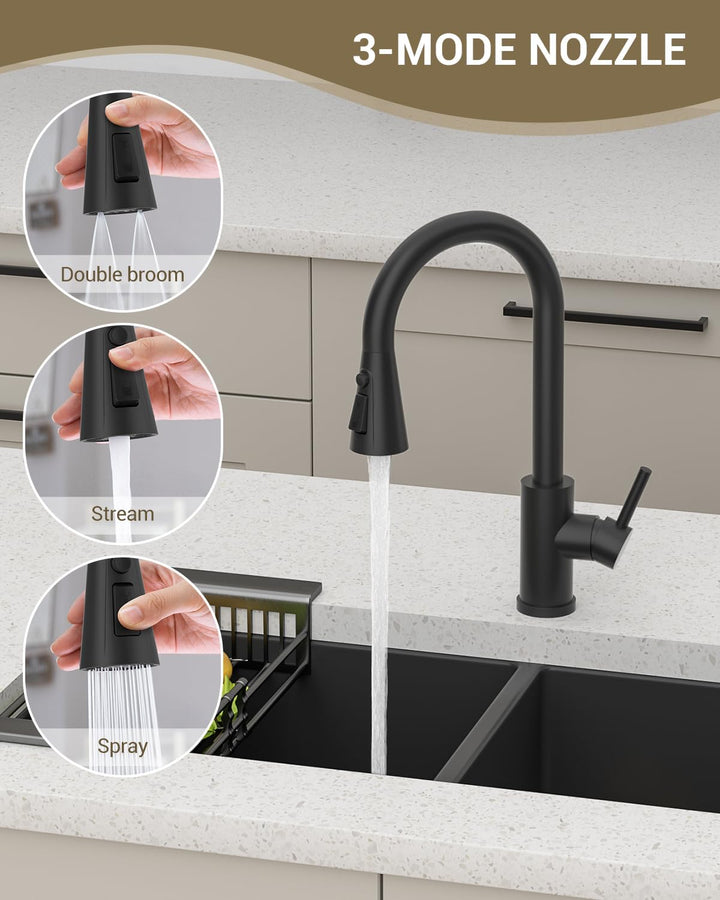 DAYONE Wasserhahn Küche Matt Schwarz, Hochdruck Küchenarmatur mit Brause Ausziehbar, Mischbatterie K