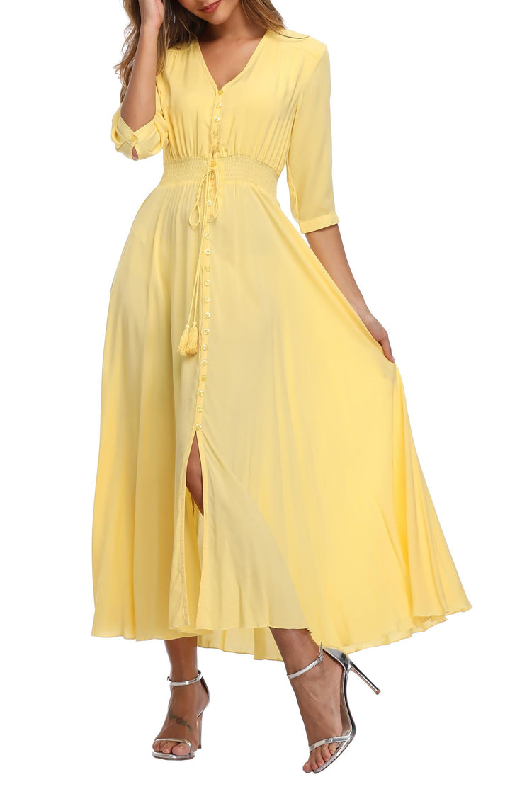 Damen Lange Split Knopf Up Sommer Maxikleid Floral Strandwear Holidy Kleid Hohe Taille mit kurzen Är