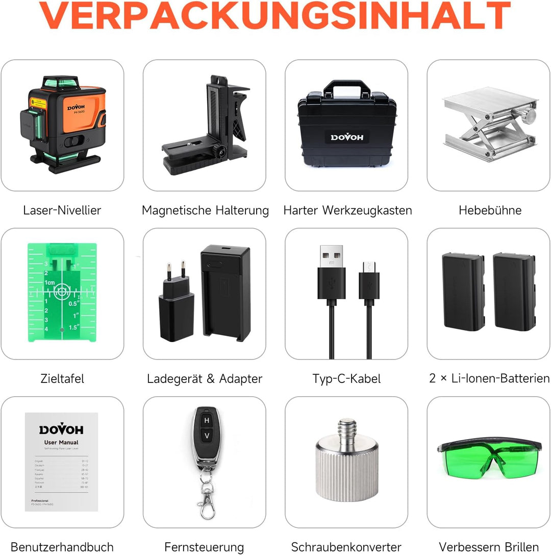 DOVOH Kreuzlinienlaser 360, Selbstnivellierung 4D 360 grad laser, 16 Linien Grüner Strahl, Ausrichtu
