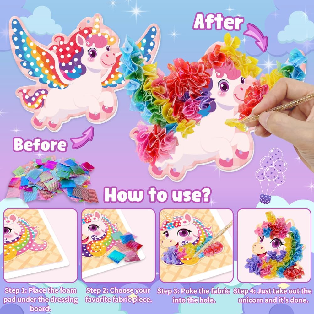 JOYVOVO Poke Art Bastelset Mädchen ab 6 Jahre, Einhorn DIY Kreativset mit 9 Mustern & 600+ Stoffen,