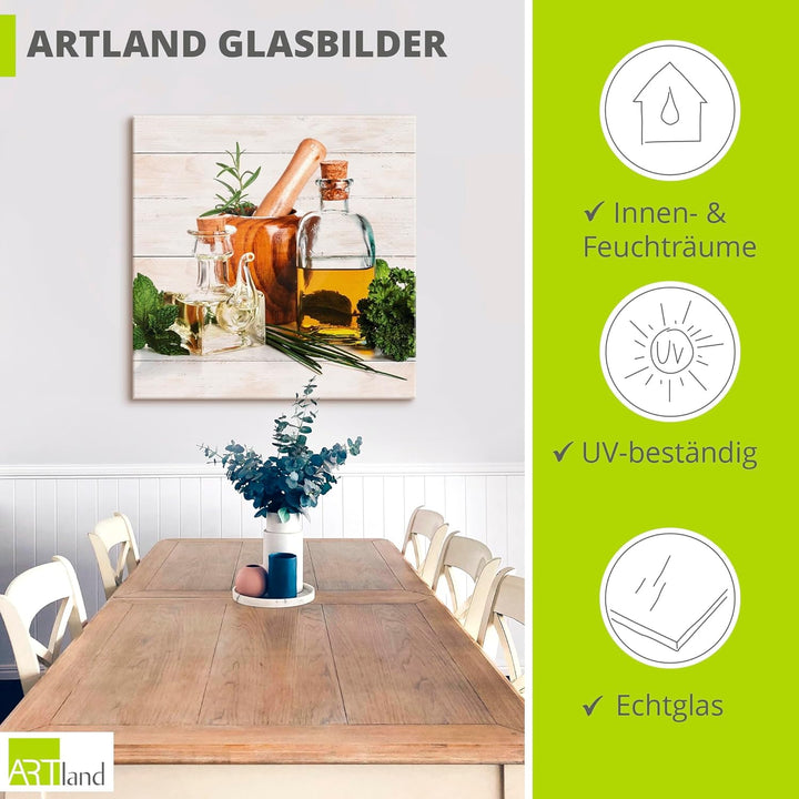 ARTland Glasbilder Wandbild Glas Bild einteilig 50x50 cm Quadratisch Stillleben Olivenöl Kräuter Gew