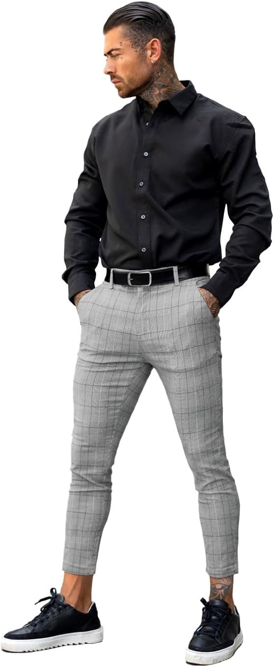 GINGTTO Chino Hose Herren Skinny Stretch Chinohose Karo Slim fit Stoffhose Check Tapered Pants für M