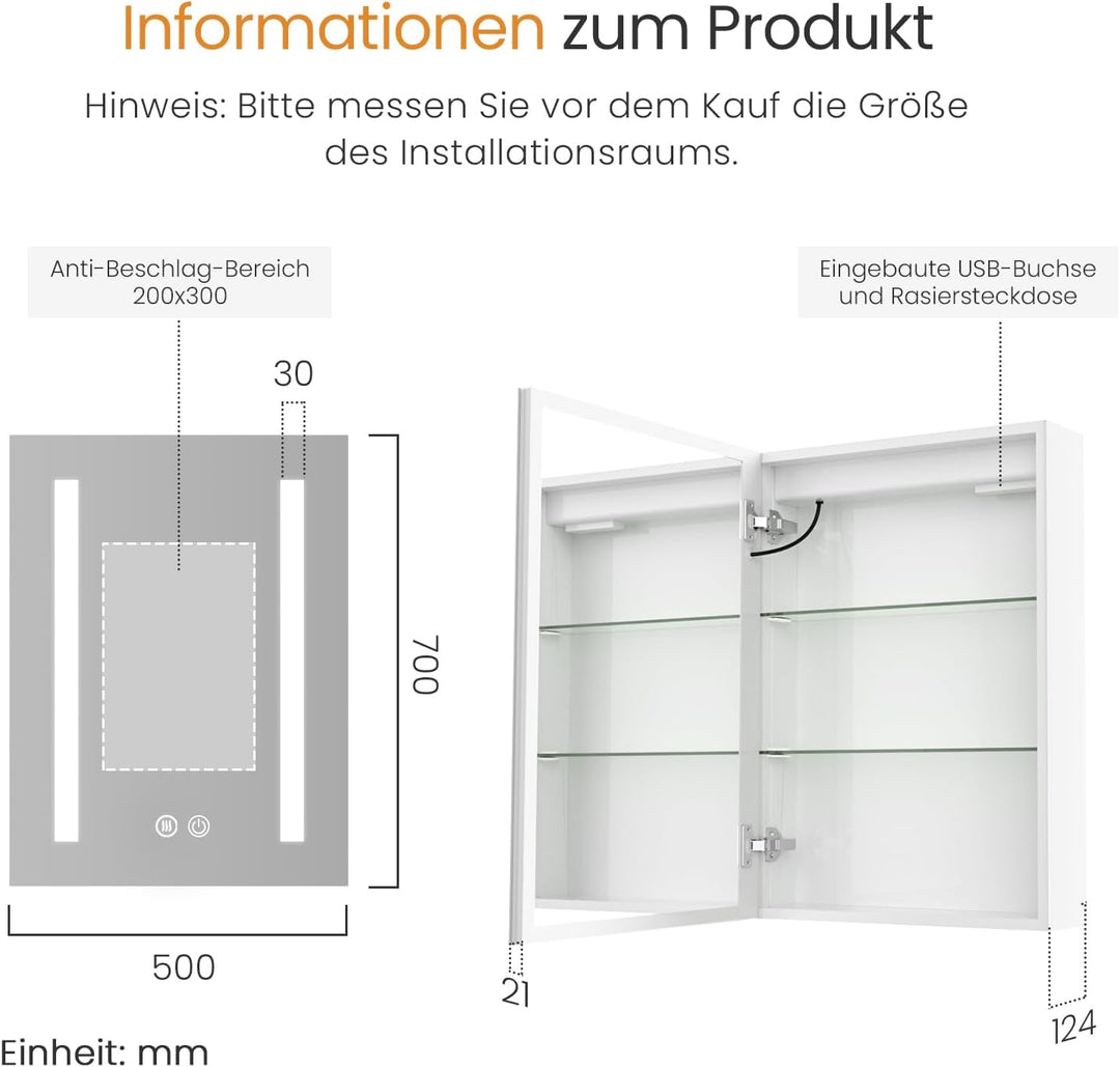 EMKE Spiegelschrank Bad Mit Beleuchtung 50x70cm, 3 Dimmbare Lichtfarben, Antibeschlag, Steckdose, Ba