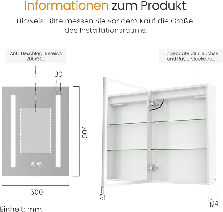 EMKE Spiegelschrank Bad Mit Beleuchtung 50x70cm, 3 Dimmbare Lichtfarben, Antibeschlag, Steckdose, Ba
