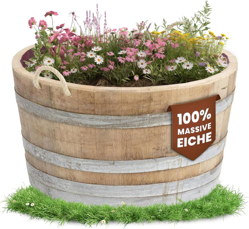 Temesso Holzfass, Kräuterbeet, Pflanzkübel Weinfass Fass halbiert mit Trageschlaufen (echtes Weinfas