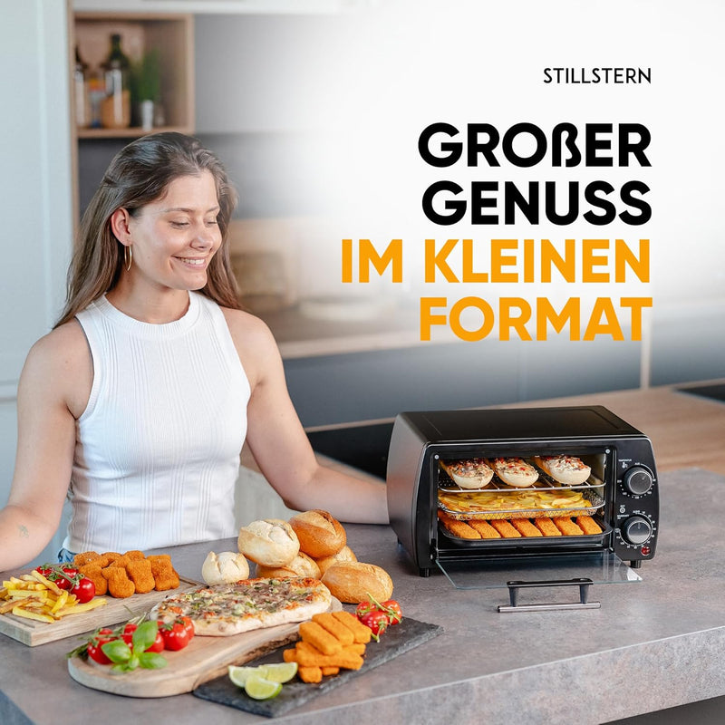 Stillstern Minibackofen (10L) Deutsche Version mit Airfryer-Einsatz, Backblech, Ofenhandschuhe, Reze