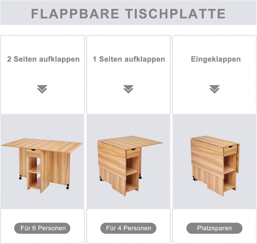 Mondeer Mobiler Klapptisch, Klappbarer Esstisch Geeignet für kleine Räume mit 1 Schublade und 2 Abla