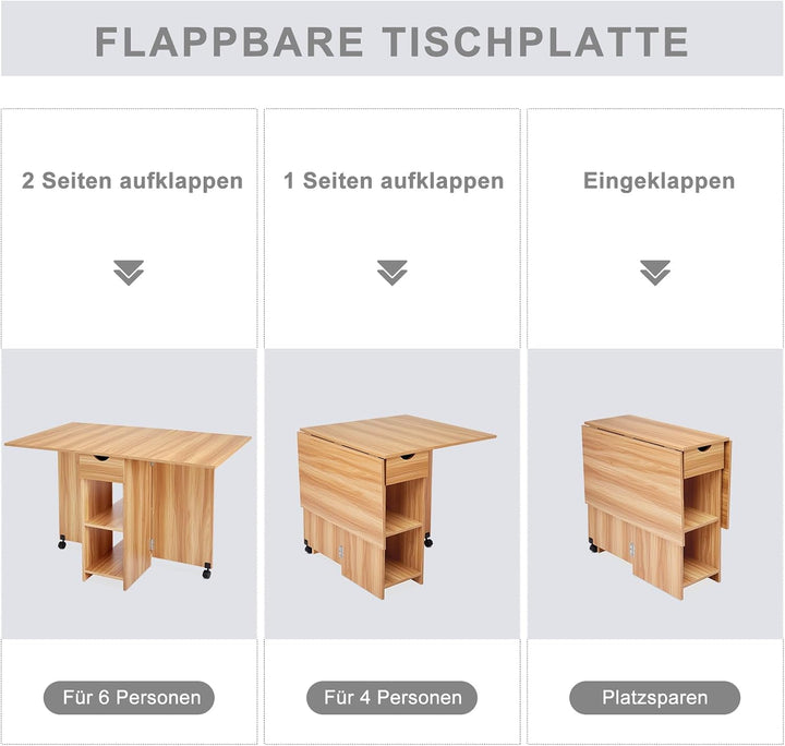 Mondeer Mobiler Klapptisch, Klappbarer Esstisch Geeignet für kleine Räume mit 1 Schublade und 2 Abla