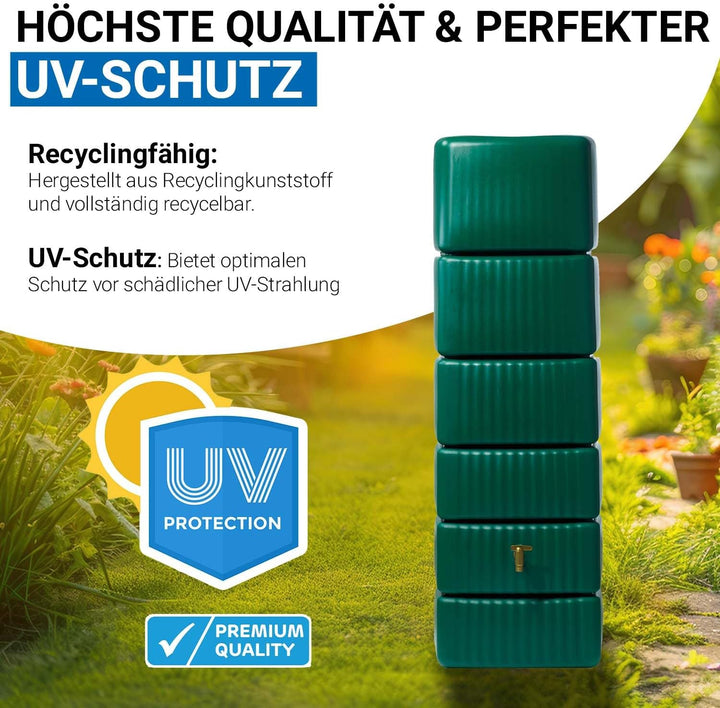 4rain Slim Regentonne 330 Liter Dunkelgrün – Platzsparender Wandtank für Regenwasser - Wassertank mi