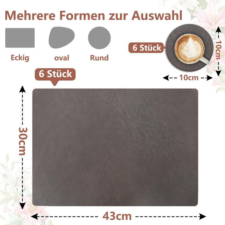 6er Set Tischset aus Leder-Imitat，Platzsets abwaschbar und wasserdicht，Platzdeckchen Lederoptik mit