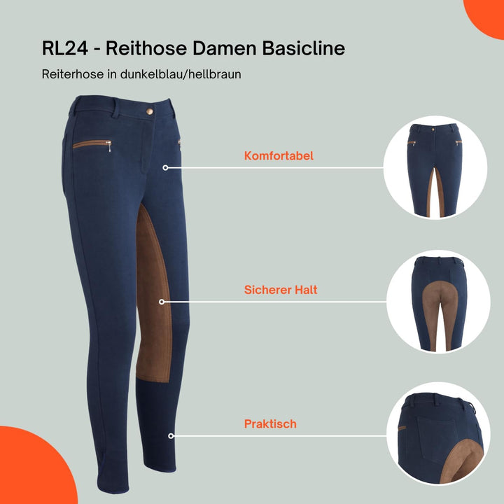 RL24 - Damen Reithose Vollbesatz BASICLINE, Dunkelblau/Hellbraun