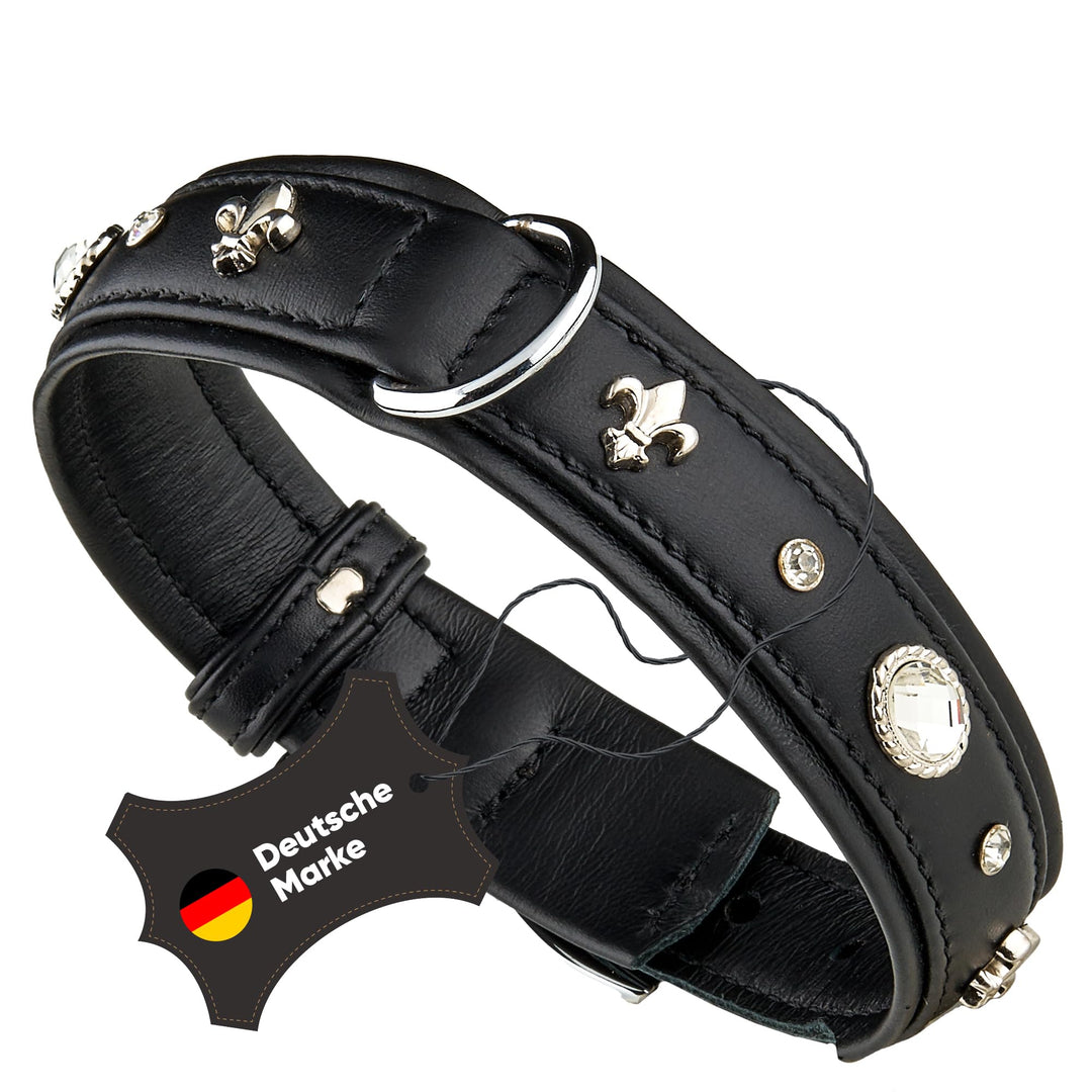 MICHUR Gala Hundehalsband Leder, Lederhalsband Hund, Halsband, Schwarz, Leder, mit Lilien,Strassstei