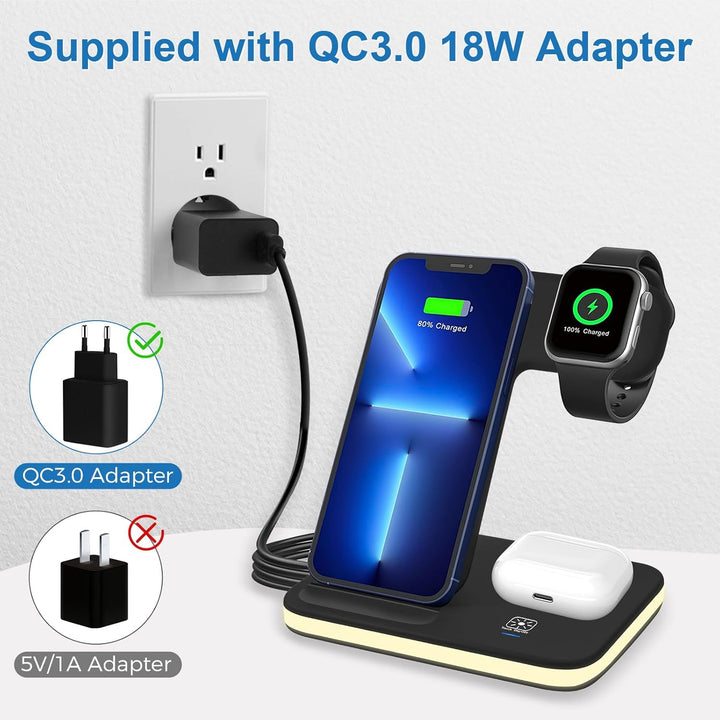 Induktive Ladestation für Apple Watch und iPhone, 3 in 1 Handy Ladestation für iPhone 16/15/14/13/12