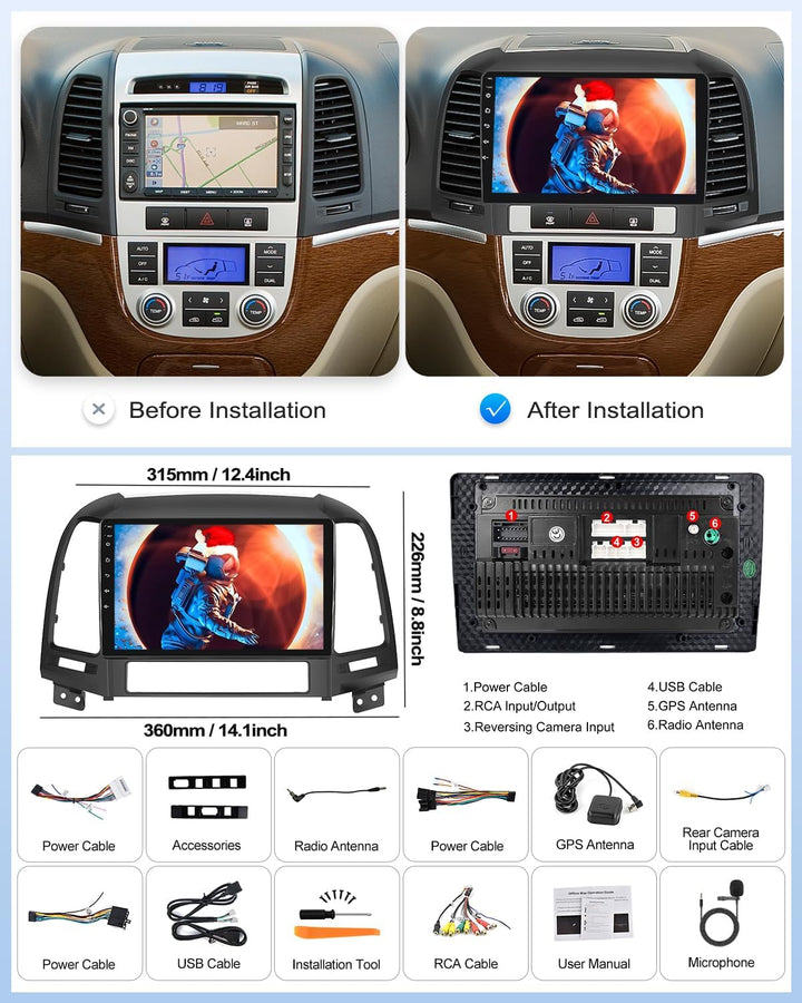 8 Core 4G+64G CAMECHO Android 13 Autoradio mit Navi für Hyundai Santa Fe 2006-2012,8Core丨9 Zoll Dopp