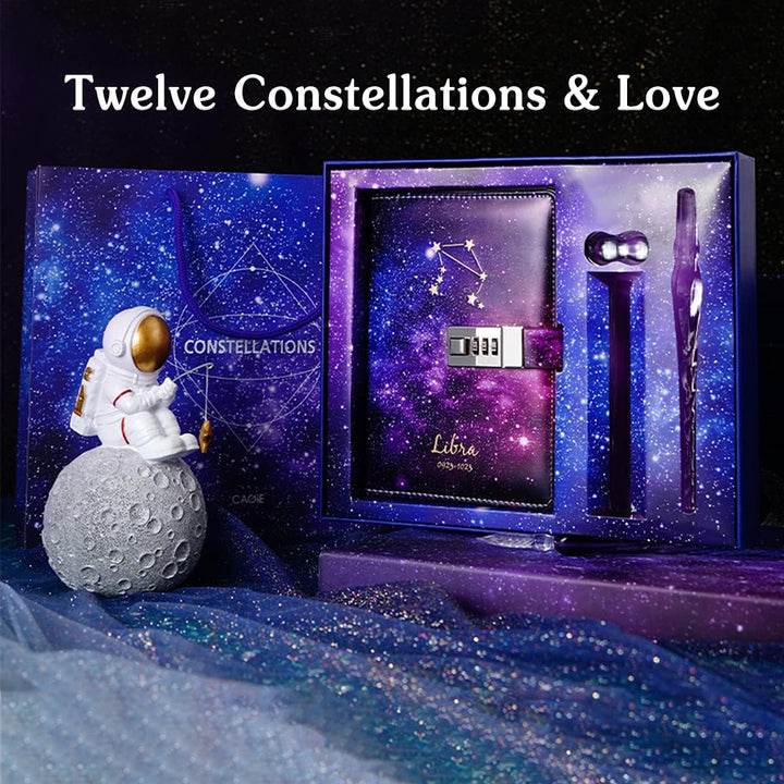 PORRASSO B6 Passwort Tagebücher Set PU Notizbuch Mädchen Glasstift Stifthalter Konstellation Diary B