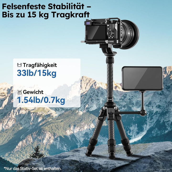 SIRUI AM-223S Mini Carbon Fiber Stativ mit SL-100S ausziehbarer Mittelsäule, max. Höhe 66 cm, Tragkr