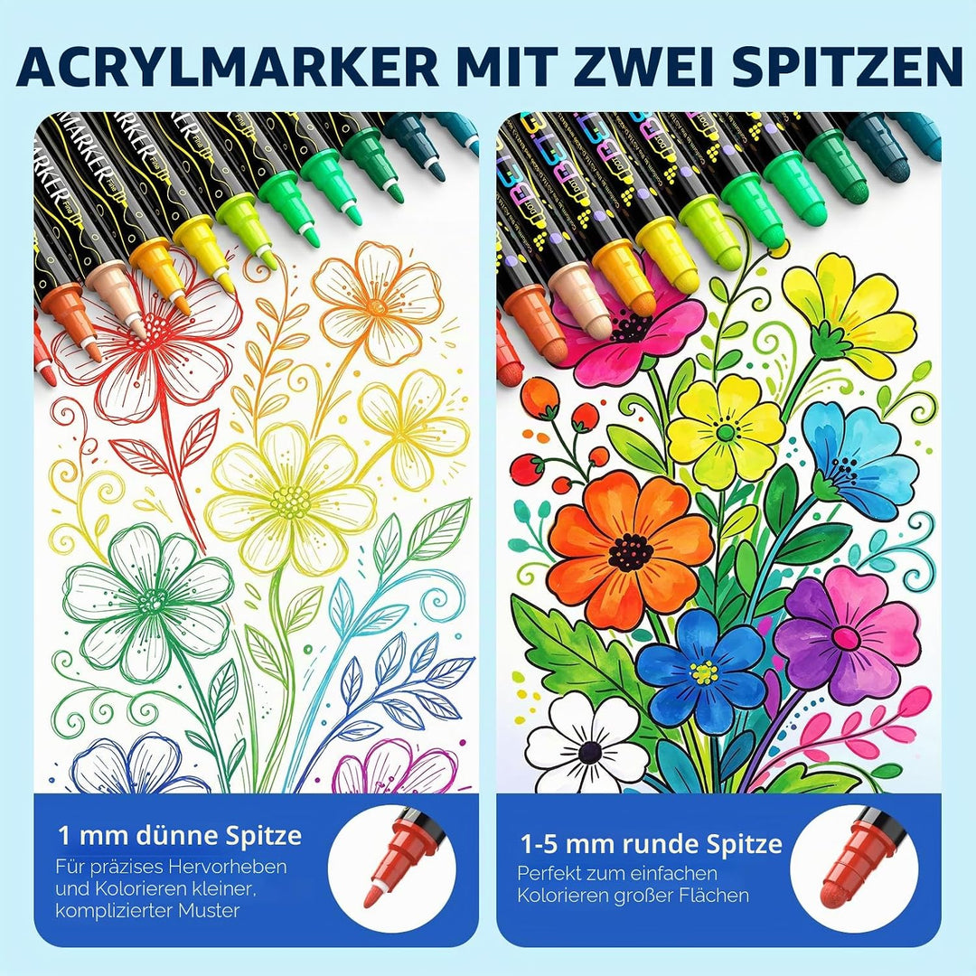 Betem 72 Farben Acrylstifte für Steine Wasserfest mit Doppelspitze, Acrylmarker für Holz, Leinwand,