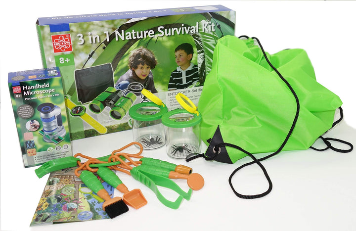 Riesiges Outdoor Naturforscher Paket mit Fernglas, Kompass, Lampe, Taschenmikroskop, 2 Becherlupen,