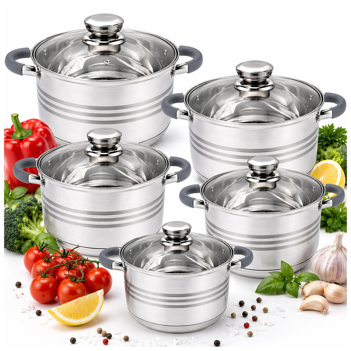 Topfset Edelstahl 10-teilig – Induktion Kochtopf Set mit Glasdeckeln, Töpfe Set Ø18–26 cm, Spülmasch